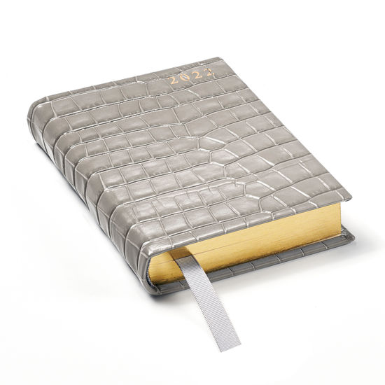 A6 Day to Page Leather Diary in Deep Shine Warm Grey Small Croc from Aspinal of London