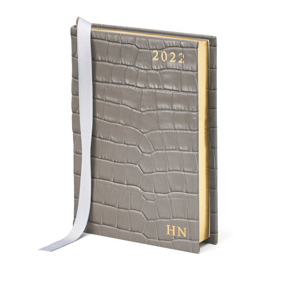 A6 Day to Page Leather Diary in Deep Shine Warm Grey Small Croc from Aspinal of London