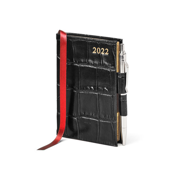 Mini Pocket Diary with Pen in Black Croc from Aspinal of London