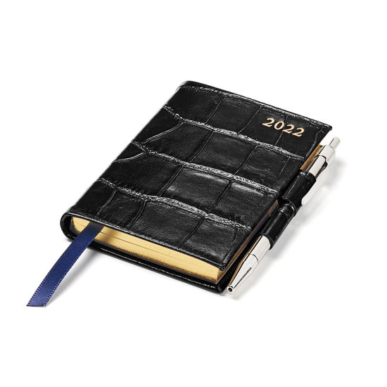 Mini Pocket Diary with Pen in Black Croc from Aspinal of London