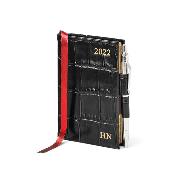 Mini Pocket Diary with Pen in Black Croc from Aspinal of London