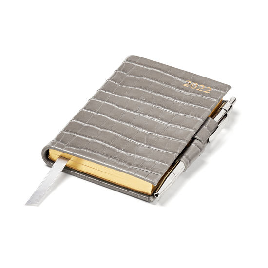 Mini Pocket Diary with Pen in Warm Grey Small Croc from Aspinal of London