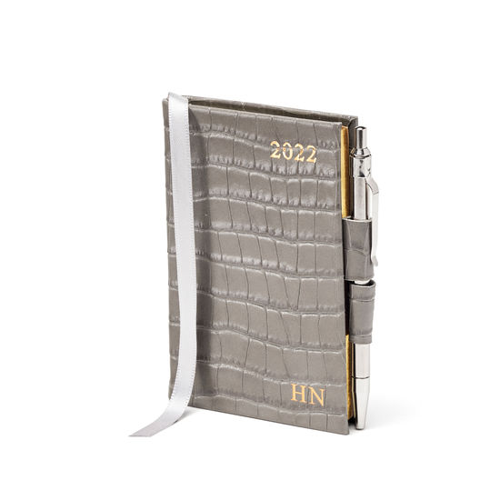 Mini Pocket Diary with Pen in Warm Grey Small Croc from Aspinal of London