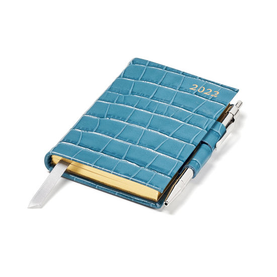 Mini Pocket Diary with Pen in Cornflower Small Croc from Aspinal of London
