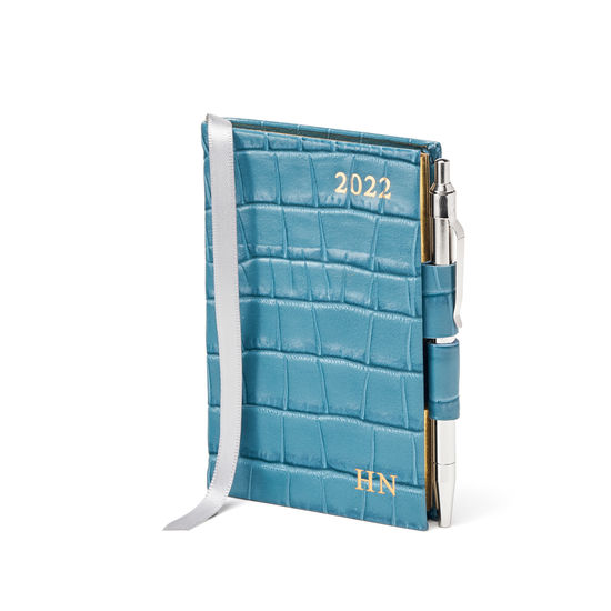 Mini Pocket Diary with Pen in Cornflower Small Croc from Aspinal of London