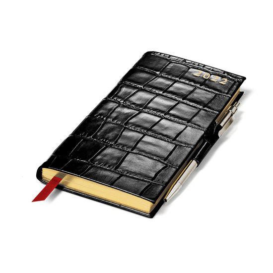Slim Pocket Diary with Pen in Black Croc from Aspinal of London