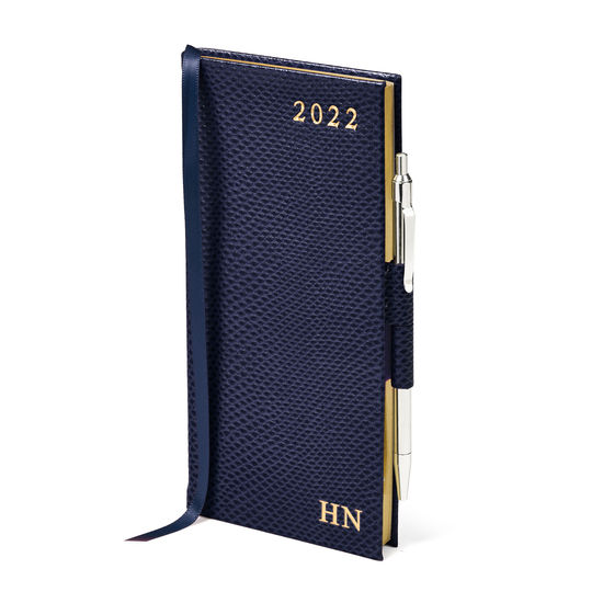 Slim Pocket Diary with Pen in Midnight Blue Lizard from Aspinal of London