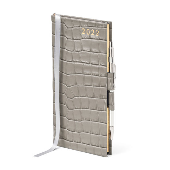 Slim Pocket Diary with Pen in Warm Grey Small Croc from Aspinal of London