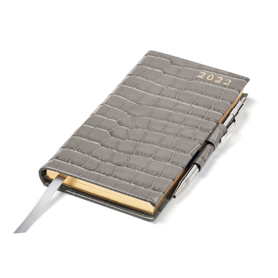 Slim Pocket Diary with Pen in Warm Grey Small Croc from Aspinal of London