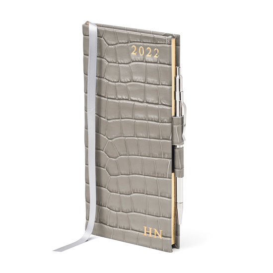 Slim Pocket Diary with Pen in Warm Grey Small Croc from Aspinal of London