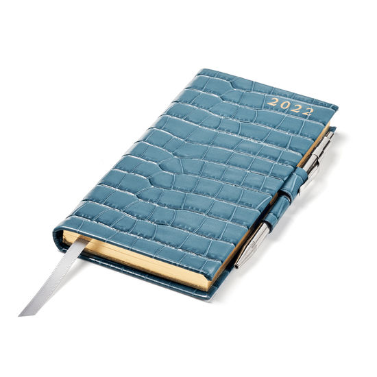 Slim Pocket Diary with Pen in Cornflower Small Croc from Aspinal of London