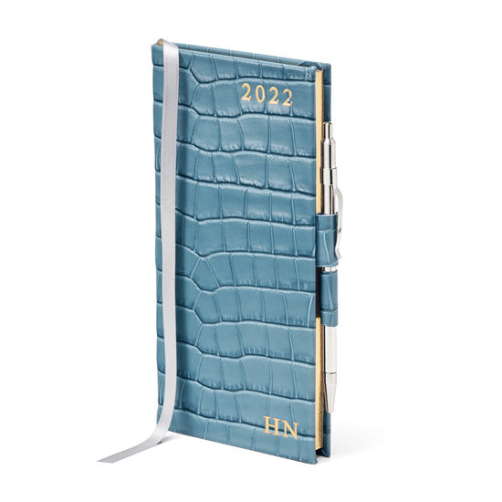 Slim Pocket Diary with Pen in Cornflower Small Croc from Aspinal of London