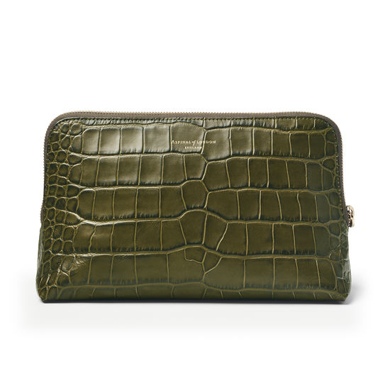 Large Essential Cosmetic Case in Khaki Double Croc from Aspinal of London