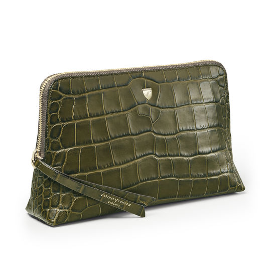 Large Essential Cosmetic Case in Khaki Double Croc from Aspinal of London