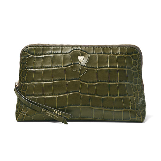Large Essential Cosmetic Case in Khaki Double Croc from Aspinal of London