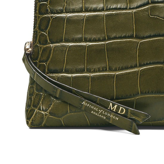 Large Essential Cosmetic Case in Khaki Double Croc from Aspinal of London