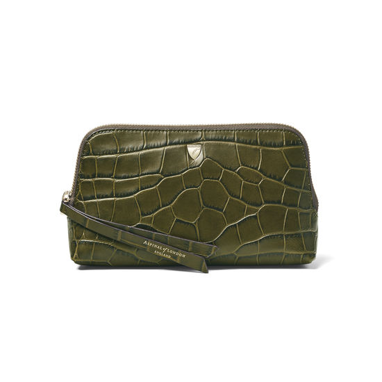 Small Essential Cosmetic Case in Khaki Double Croc from Aspinal of London