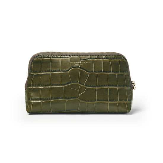 Small Essential Cosmetic Case in Khaki Double Croc from Aspinal of London