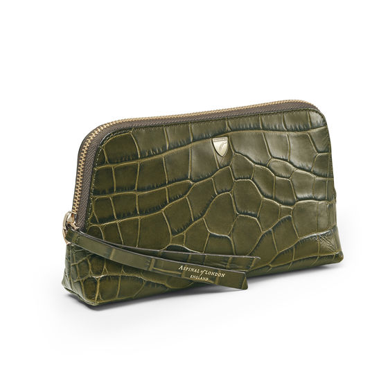 Small Essential Cosmetic Case in Khaki Double Croc from Aspinal of London