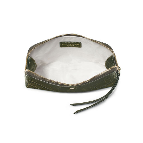 Small Essential Cosmetic Case in Khaki Double Croc from Aspinal of London