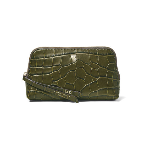 Small Essential Cosmetic Case in Khaki Double Croc from Aspinal of London