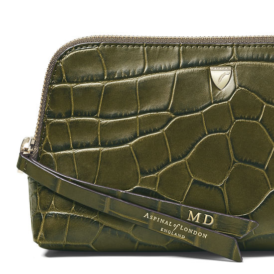 Small Essential Cosmetic Case in Khaki Double Croc from Aspinal of London