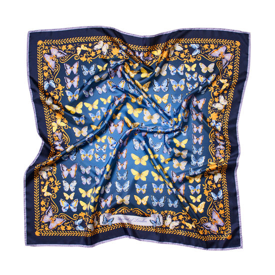 Butterfly Silk Scarf in Navy Pure Silk from Aspinal of London