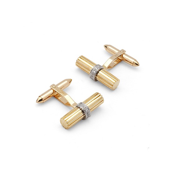 Rifle Barrel Cufflinks Gemset with Cluster Diamonds in 9ct Yellow Gold from Aspinal of London