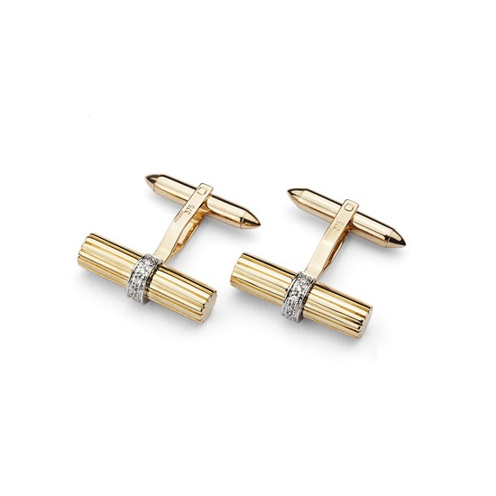 Rifle Barrel Cufflinks Gemset with Cluster Diamonds in 9ct Yellow Gold from Aspinal of London