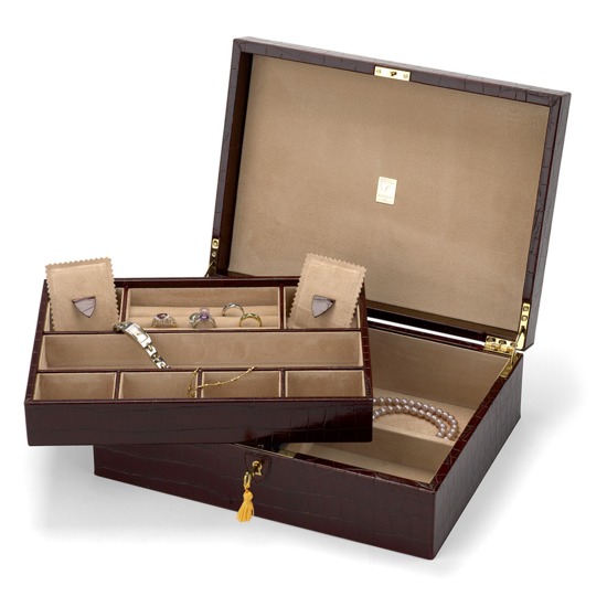 Grand Luxe Jewellery Case in Deep Shine Amazon Brown Croc & Stone Suede from Aspinal of London