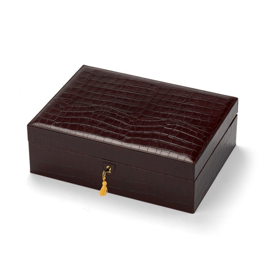 Grand Luxe Jewellery Case in Deep Shine Amazon Brown Croc & Stone Suede from Aspinal of London