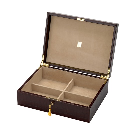 Grand Luxe Jewellery Case in Deep Shine Amazon Brown Croc & Stone Suede from Aspinal of London