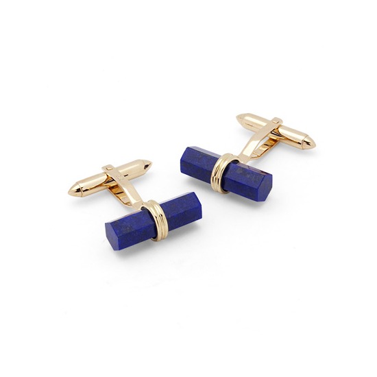 Angled Lapis Lazulite Barrel Cufflinks in 9ct Gold from Aspinal of London
