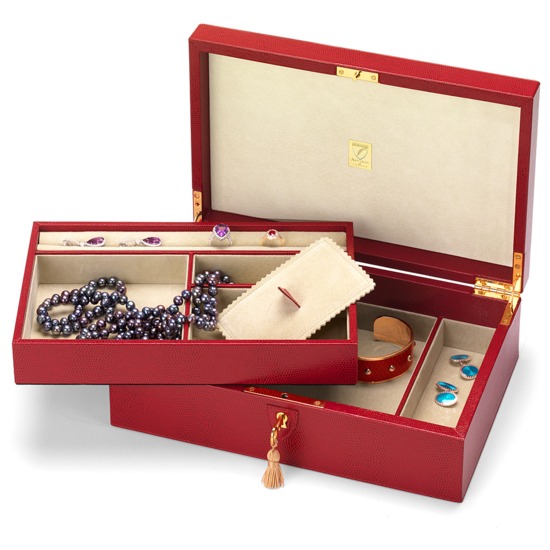 Savoy Jewellery Box in Berry Lizard & Cream Suede from Aspinal of London