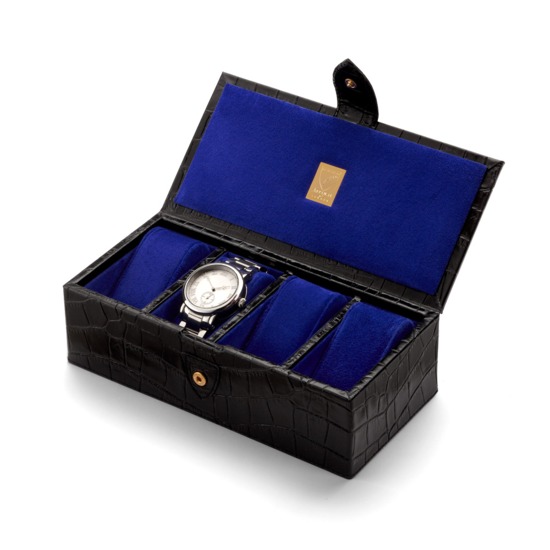 Classic 4 Watch Box in Deep Shine Black Croc & Cobalt Suede from Aspinal of London