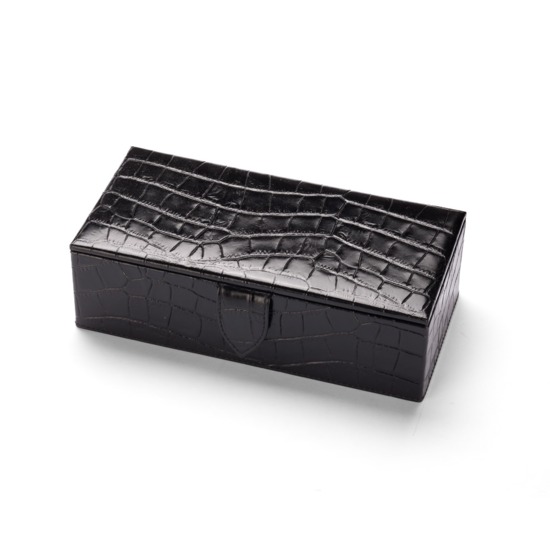 Classic 4 Watch Box in Deep Shine Black Croc & Cobalt Suede from Aspinal of London