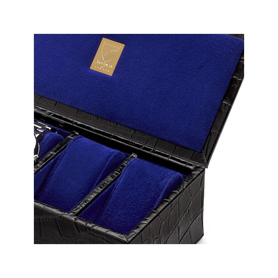 Classic 4 Watch Box in Deep Shine Black Croc & Cobalt Suede from Aspinal of London
