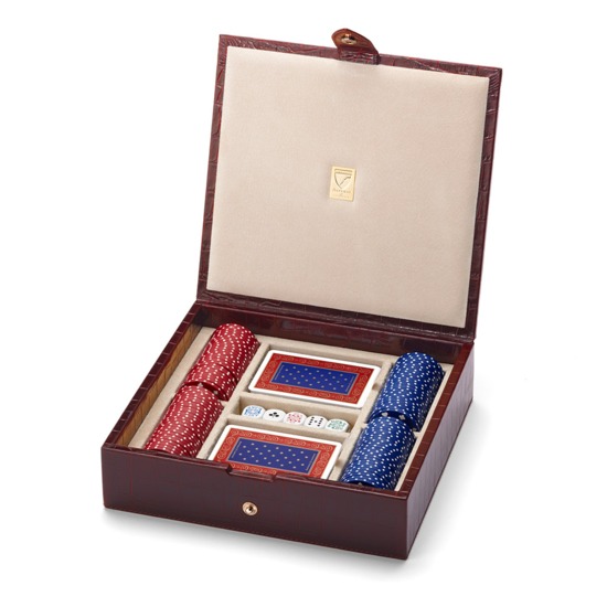100 Chip Leather Poker Set in Deep Shine Amazon Brown Croc & Cream Suede from Aspinal of London