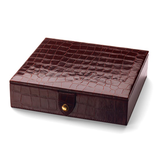 100 Chip Leather Poker Set in Deep Shine Amazon Brown Croc & Cream Suede from Aspinal of London