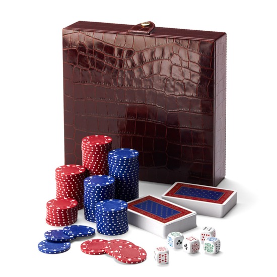 100 Chip Leather Poker Set in Deep Shine Amazon Brown Croc & Cream Suede from Aspinal of London