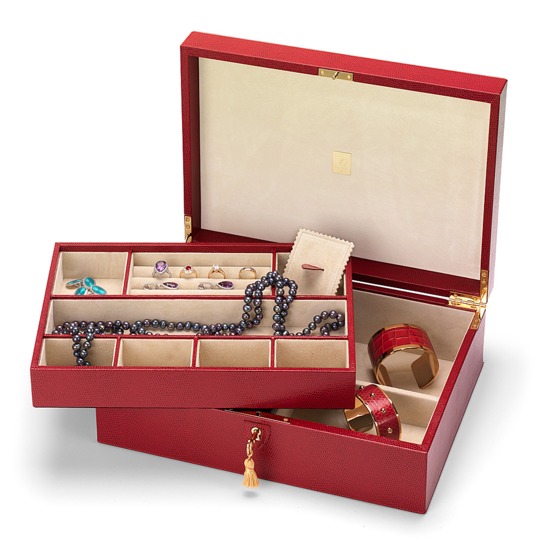 Grand Luxe Jewellery Case in Berry Lizard & Cream Suede from Aspinal of London