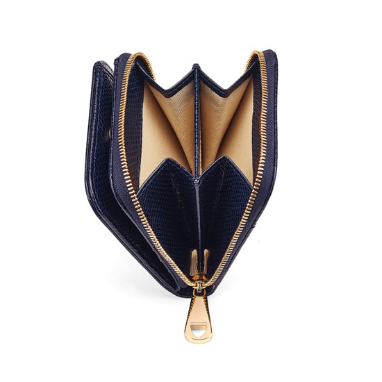 Mini Continental Zipped Coin Purse in Midnight Blue Lizard from Aspinal of London