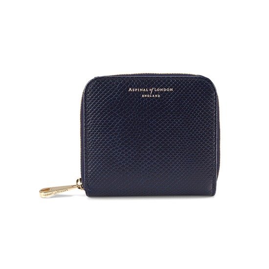 Mini Continental Zipped Coin Purse in Midnight Blue Lizard from Aspinal of London
