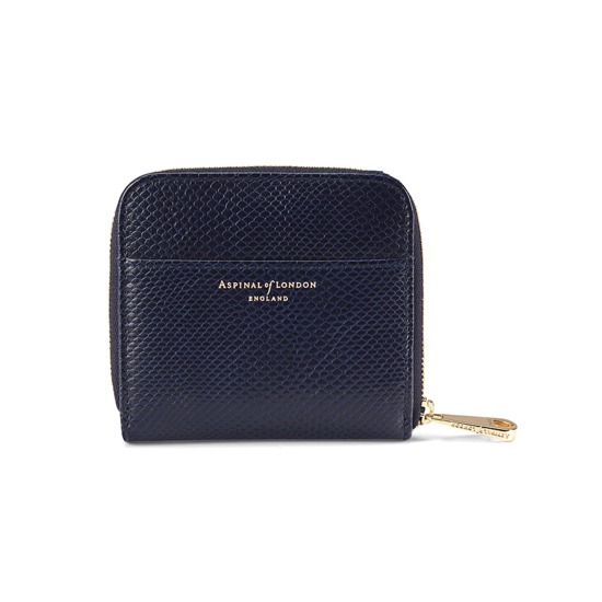Mini Continental Zipped Coin Purse in Midnight Blue Lizard from Aspinal of London