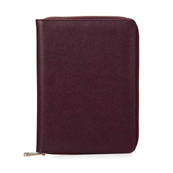 A5 Zipped Padfolio in Burgundy Saffiano & Black Suede from Aspinal of London