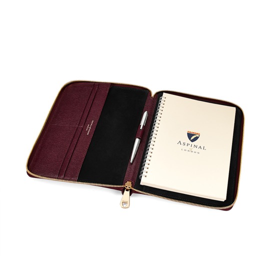 A5 Zipped Padfolio in Burgundy Saffiano & Black Suede from Aspinal of London