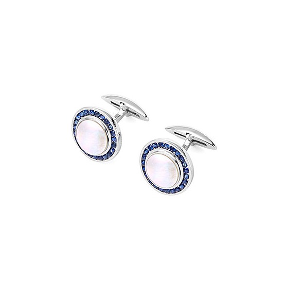 Round Mother of Pearl Cufflinks Gemset with Cluster Sapphires in 9ct White Gold from Aspinal of London