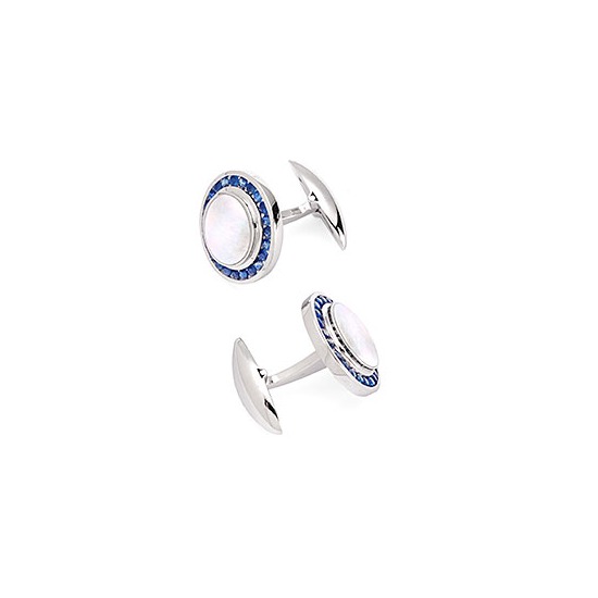 Round Mother of Pearl Cufflinks Gemset with Cluster Sapphires in 9ct White Gold from Aspinal of London