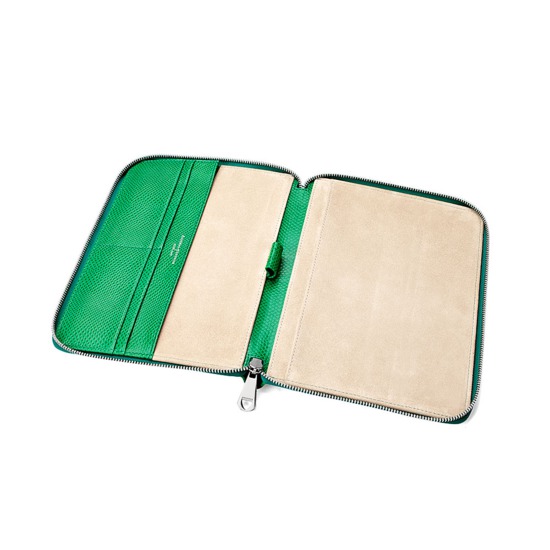 A5 Zipped Padfolio in Grass Green Lizard & Cream Suede from Aspinal of London