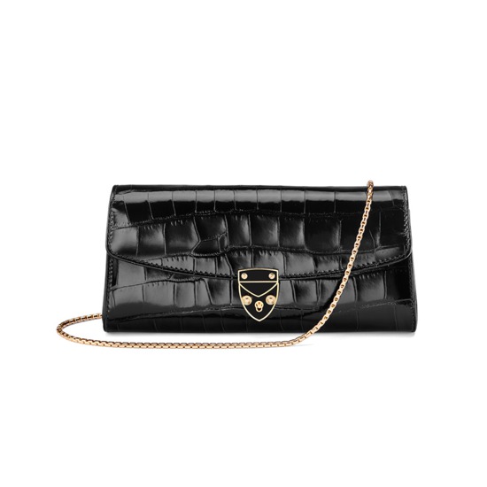 Aspinal x Beulah Blue Heart Clutch in Deep Shine Black Croc from Aspinal of London